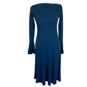 Oasis UK Ribbed Knit Flutter Sleeve Midi Dress A-line Teal Feminine Twee Fairy